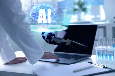 Illustration of Doctor using laptop at table, closeup. Robot hand sticking out of computer screen. Artificial intelligence in medicine