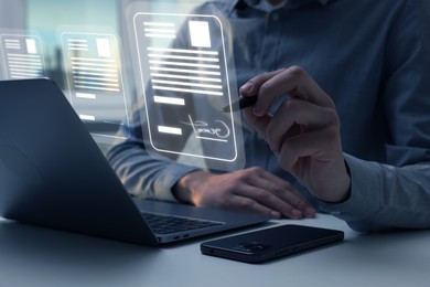 Illustration of Man signing electronic document with stylus pen on virtual screen above laptop, closeup