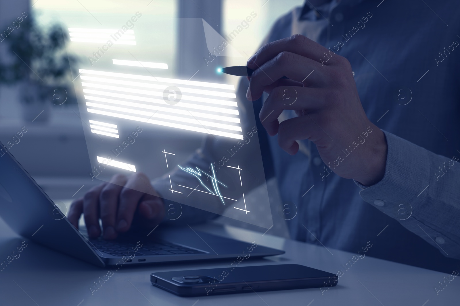 Electronic signature. Man working with stylus pen on virtual screen above laptop, closeup Illustration of Electronic signature. Man working with stylus pen on virtual screen above laptop, closeup