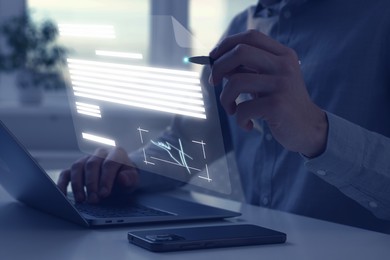 Illustration of Electronic signature. Man working with stylus pen on virtual screen above laptop, closeup