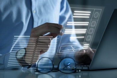 Illustration of Electronic signature. Man working with stylus pen on virtual screen above laptop, closeup