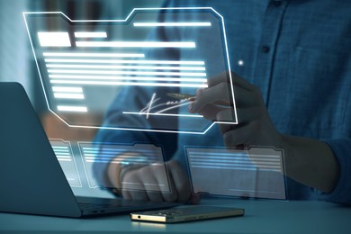 Illustration of Man signing electronic document with stylus pen on virtual screen above laptop, closeup
