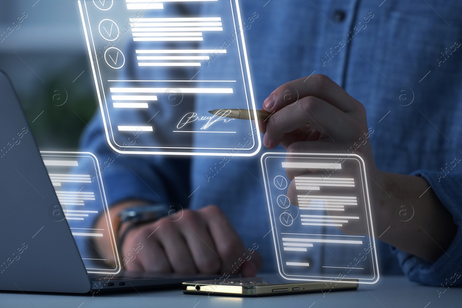 Man signing electronic document with stylus pen on virtual screen above laptop, closeup Illustration of Man signing electronic document with stylus pen on virtual screen above laptop, closeup