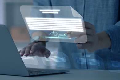 Illustration of Man signing electronic document with stylus pen on virtual screen above laptop, closeup