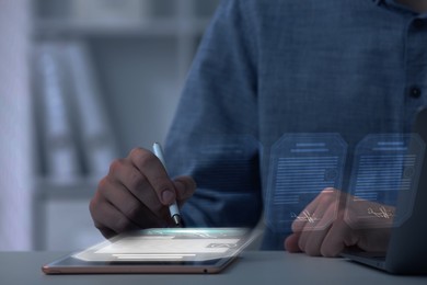 Illustration of Electronic signature. Man working with stylus pen on virtual screen above tablet computer, closeup