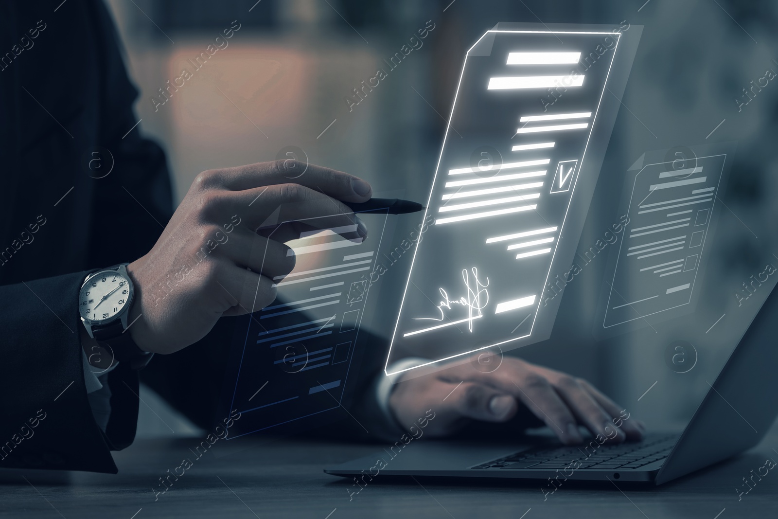 Electronic signature. Man working with stylus pen on virtual screen above laptop, closeup Illustration of Electronic signature. Man working with stylus pen on virtual screen above laptop, closeup
