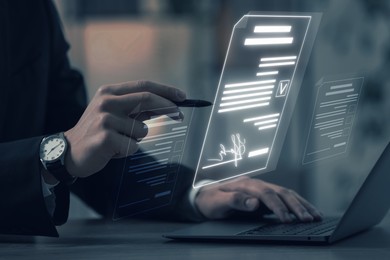 Illustration of Electronic signature. Man working with stylus pen on virtual screen above laptop, closeup