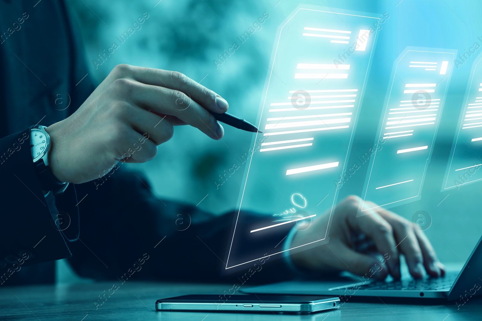 Electronic signature. Man working with stylus pen on virtual screen above laptop, closeup Illustration of Electronic signature. Man working with stylus pen on virtual screen above laptop, closeup