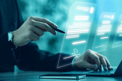 Illustration of Electronic signature. Man working with stylus pen on virtual screen above laptop, closeup