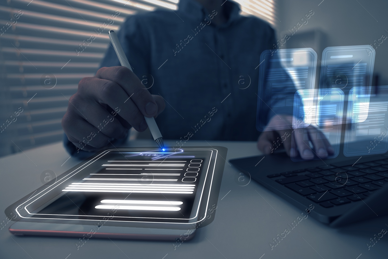 Man signing electronic document with stylus pen on virtual screen above tablet computer, closeup Illustration of Man signing electronic document with stylus pen on virtual screen above tablet computer, closeup