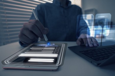 Illustration of Man signing electronic document with stylus pen on virtual screen above tablet computer, closeup
