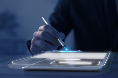 Illustration of Man signing electronic document with stylus pen on virtual screen above tablet computer, closeup