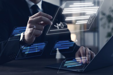 Illustration of Businessman signing electronic document with stylus pen on virtual screen above laptop, closeup