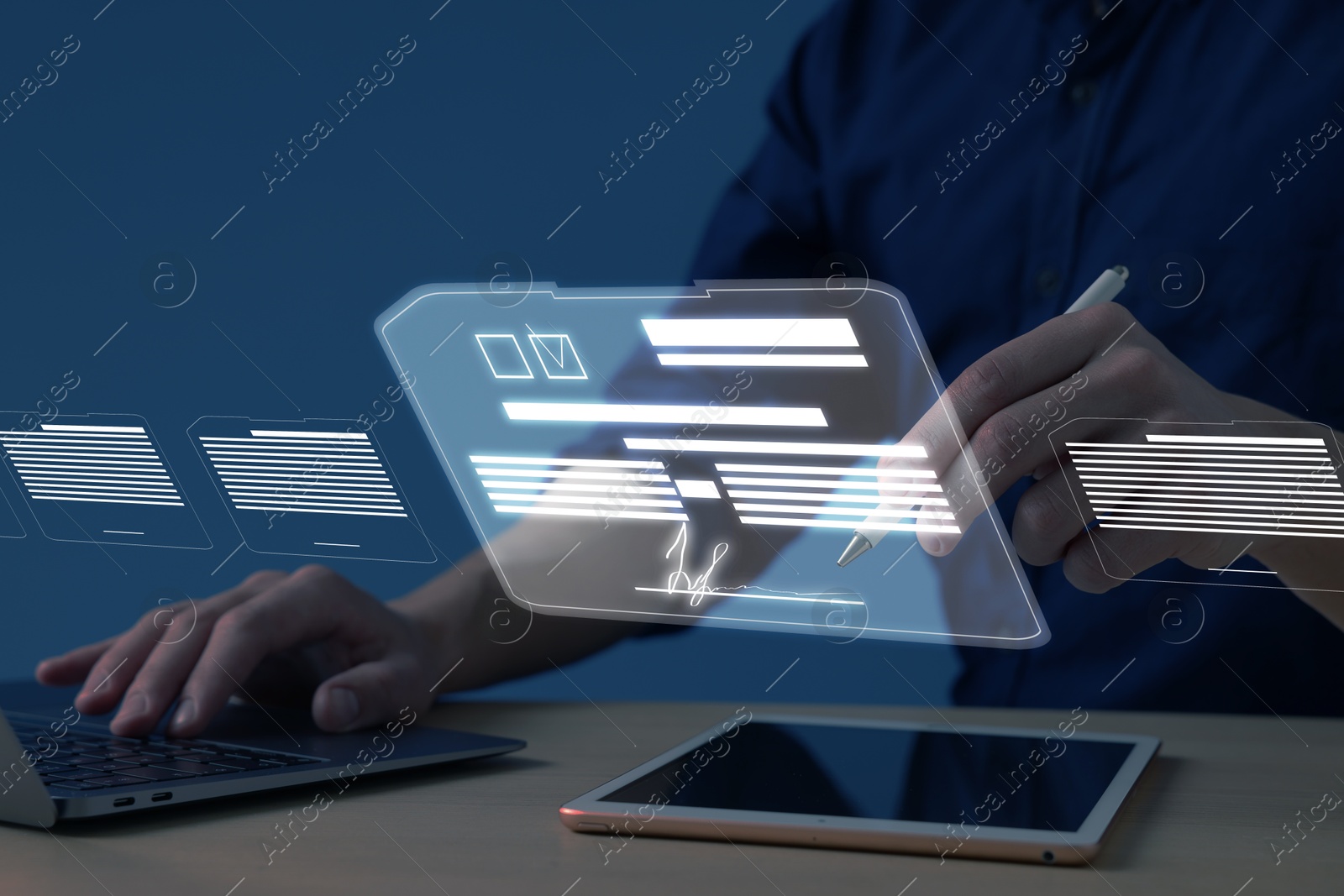 Man signing electronic document with stylus pen on virtual screen above tablet computer, closeup Illustration of Man signing electronic document with stylus pen on virtual screen above tablet computer, closeup
