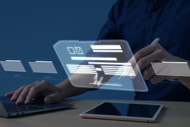 Illustration of Man signing electronic document with stylus pen on virtual screen above tablet computer, closeup