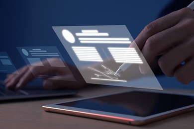 Illustration of Man signing electronic document with stylus pen on virtual screen above tablet computer, closeup