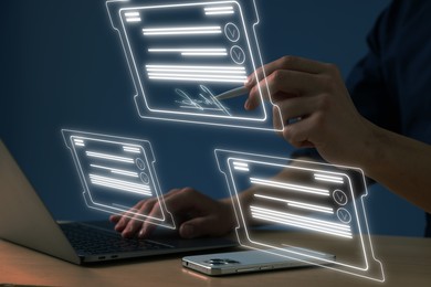Illustration of Man signing electronic document with stylus pen on virtual screen above laptop, closeup