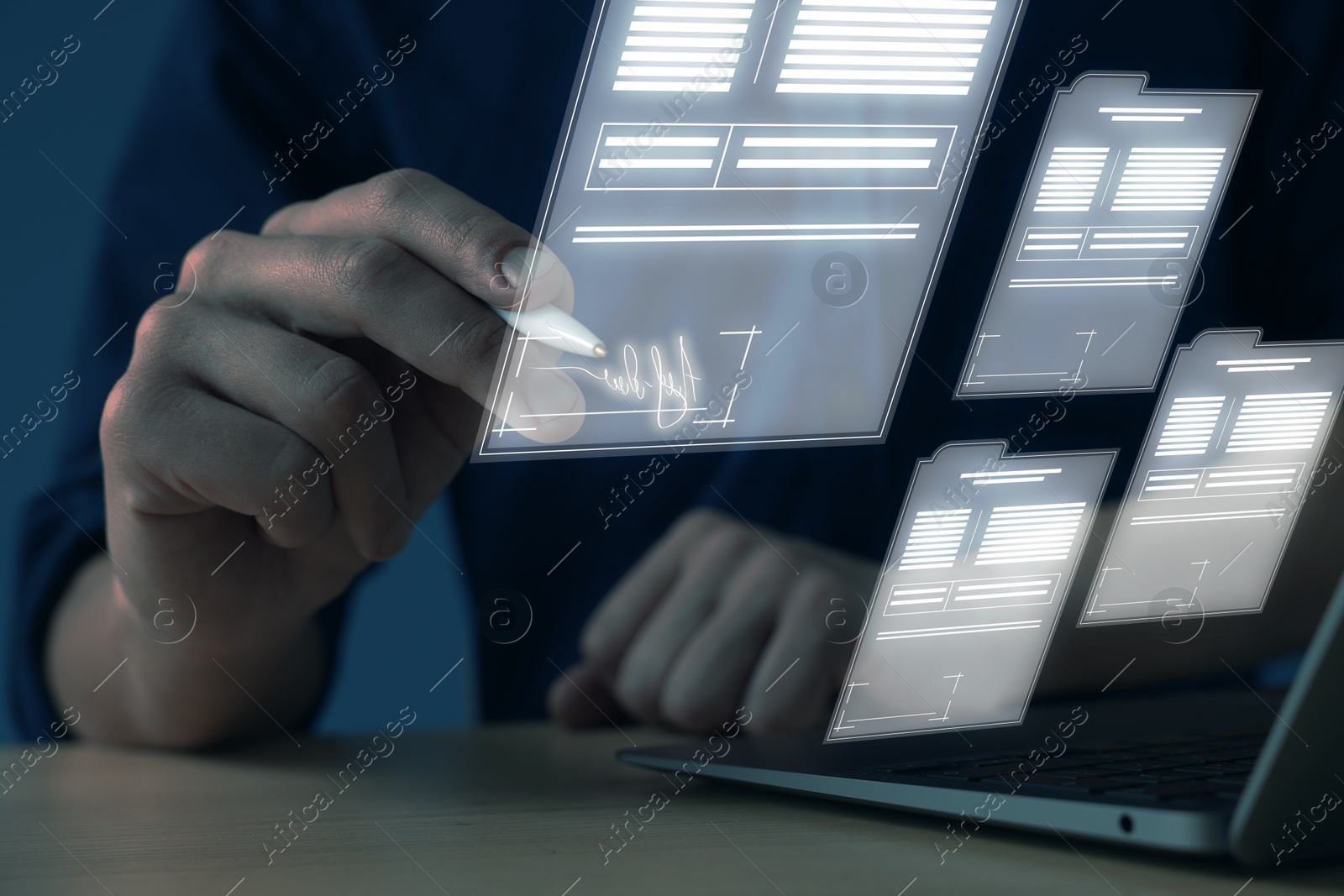 Man signing electronic document with stylus pen on virtual screen above laptop, closeup Illustration of Man signing electronic document with stylus pen on virtual screen above laptop, closeup