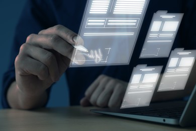 Illustration of Man signing electronic document with stylus pen on virtual screen above laptop, closeup