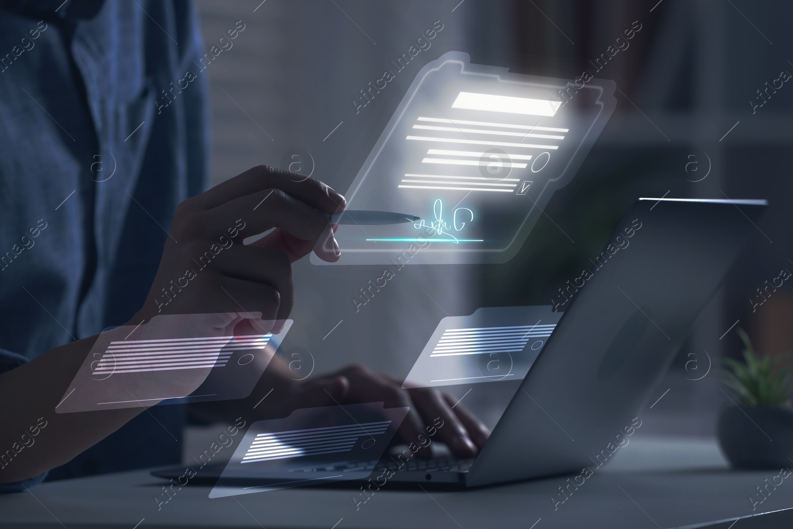 Man signing electronic document with stylus pen on virtual screen above laptop, closeup Illustration of Man signing electronic document with stylus pen on virtual screen above laptop, closeup