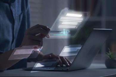 Illustration of Man signing electronic document with stylus pen on virtual screen above laptop, closeup