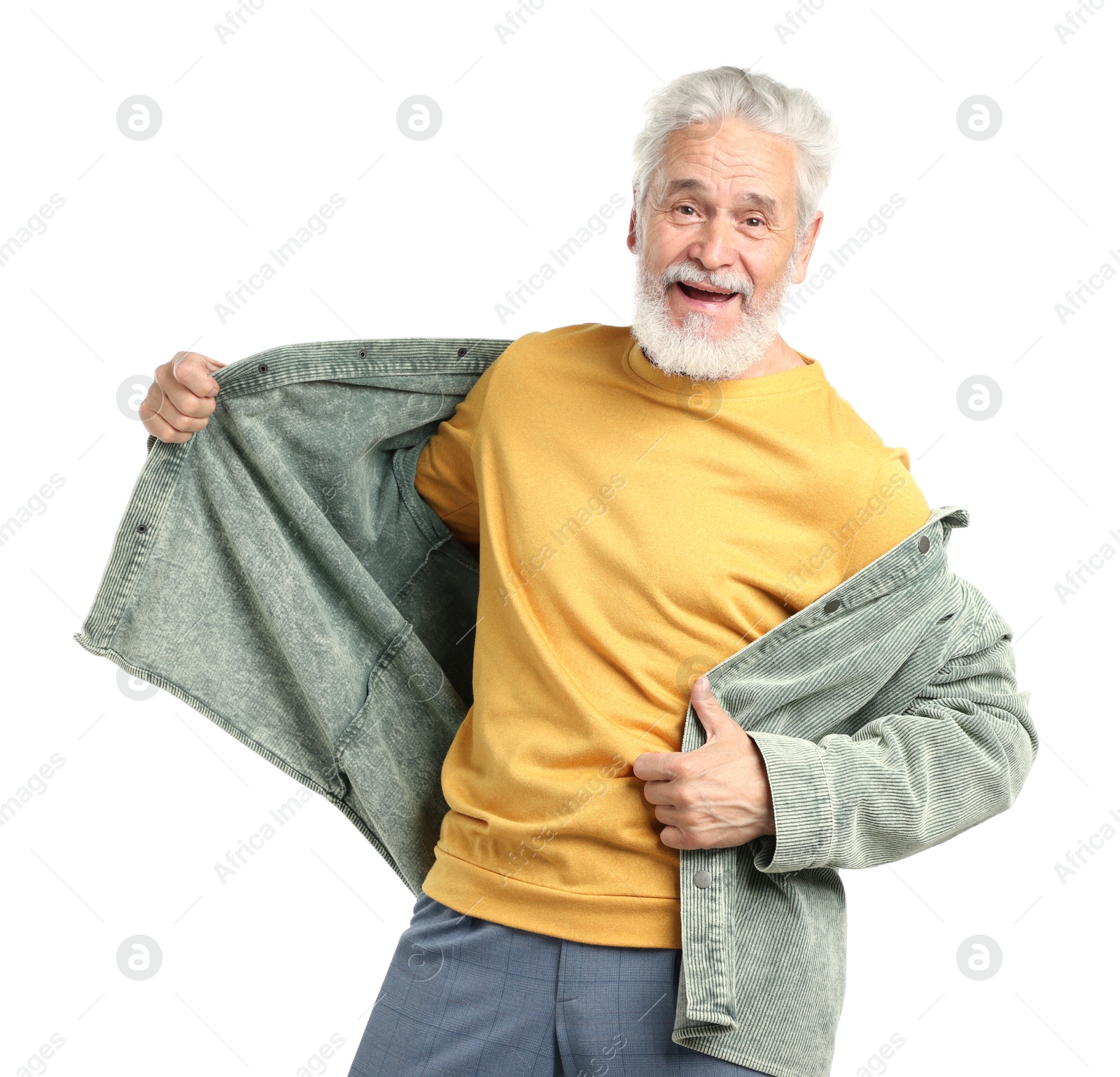 Elderly man in stylish outfit on white background Photo of Elderly man in stylish outfit on white background
