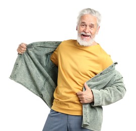 Photo of Elderly man in stylish outfit on white background