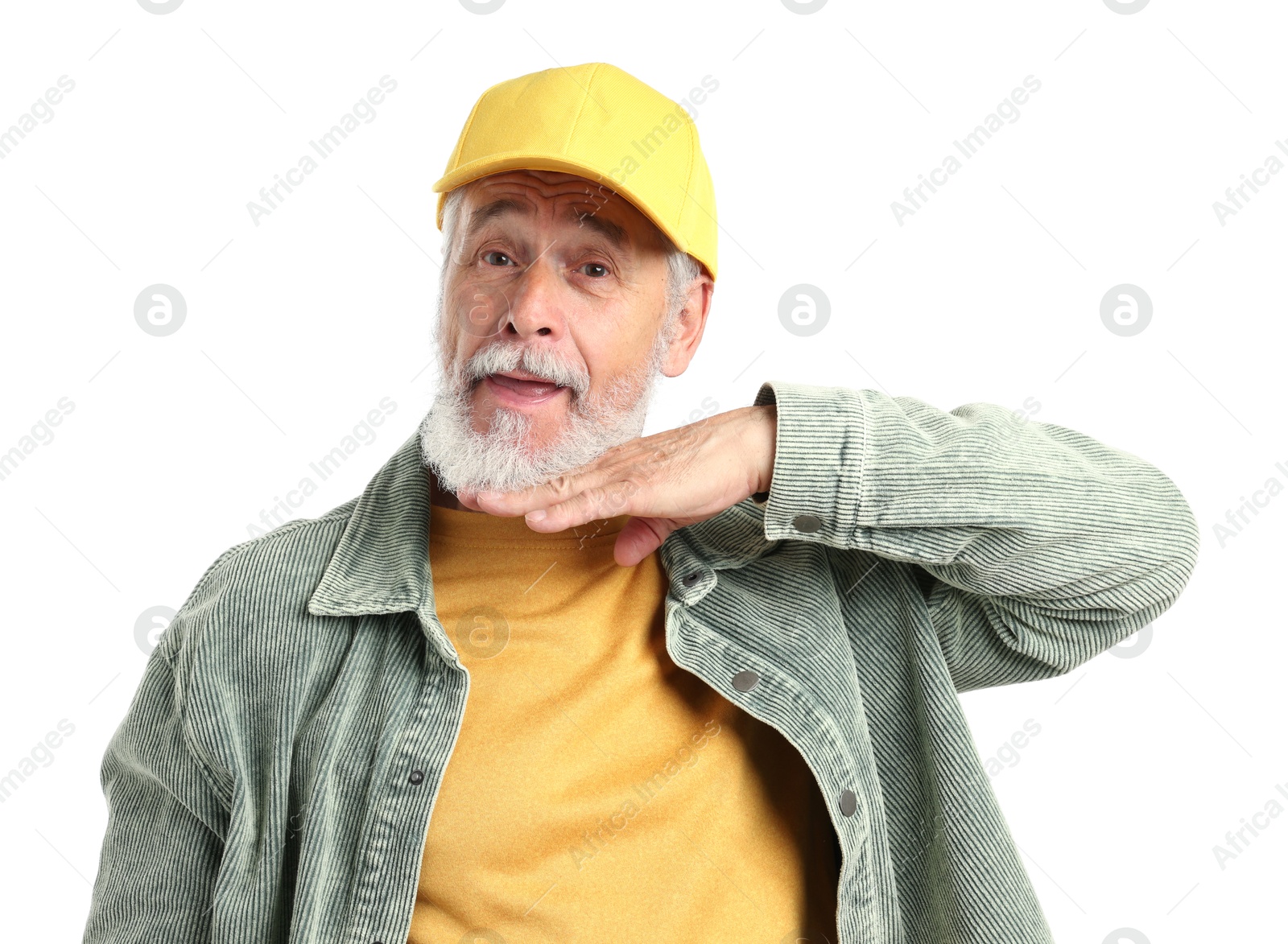 Elderly man in stylish outfit on white background Photo of Elderly man in stylish outfit on white background