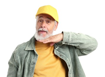Photo of Elderly man in stylish outfit on white background
