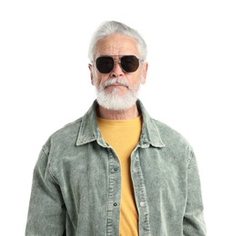 Photo of Elderly man in stylish outfit on white background
