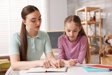 Photo of Dyslexia. Mother with her daughter reading book and writing at table indoors