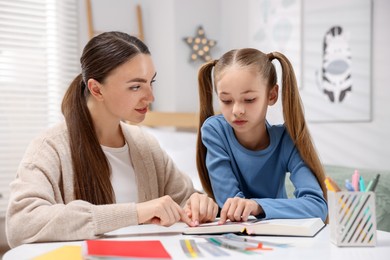 Photo of Dyslexia. Mother and her daughter reading book at table indoors