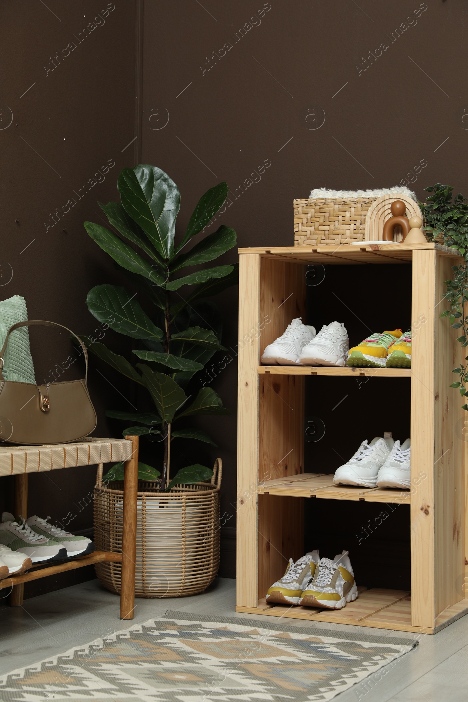 Different footwear on shelves in entryway. Shoe storage Photo of Different footwear on shelves in entryway. Shoe storage