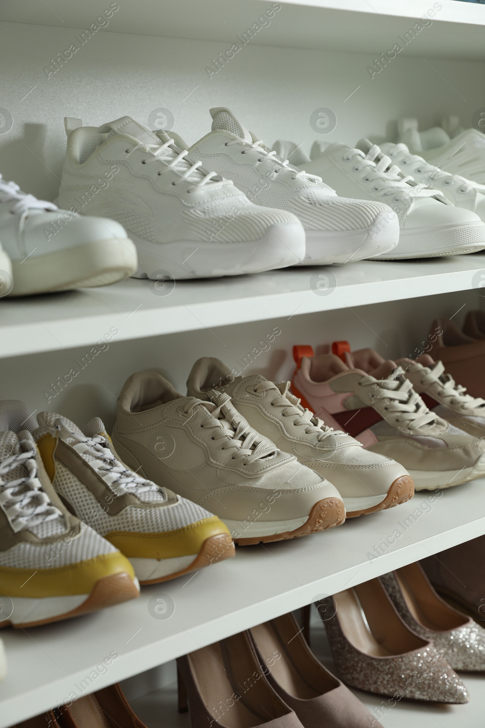 Different footwear on shelves indoors, closeup. Shoe storage Photo of Different footwear on shelves indoors, closeup. Shoe storage