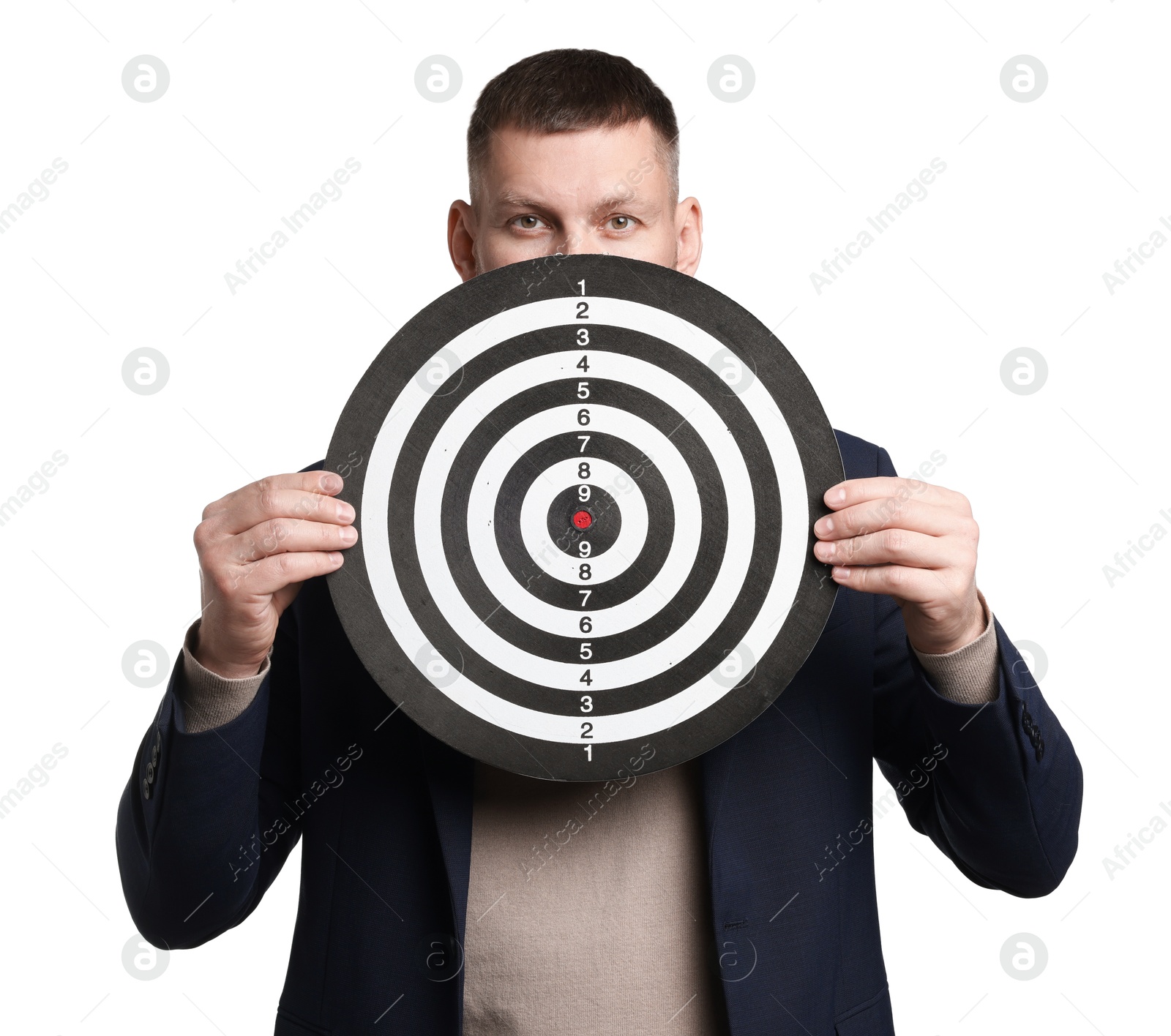 Photo of Targeting. Man with dart board on white background