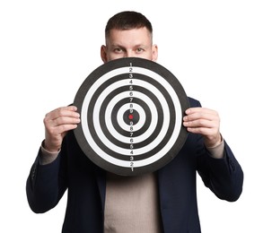 Photo of Targeting. Man with dart board on white background