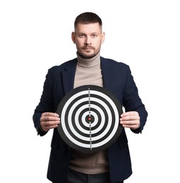 Photo of Targeting. Man with dart board on white background
