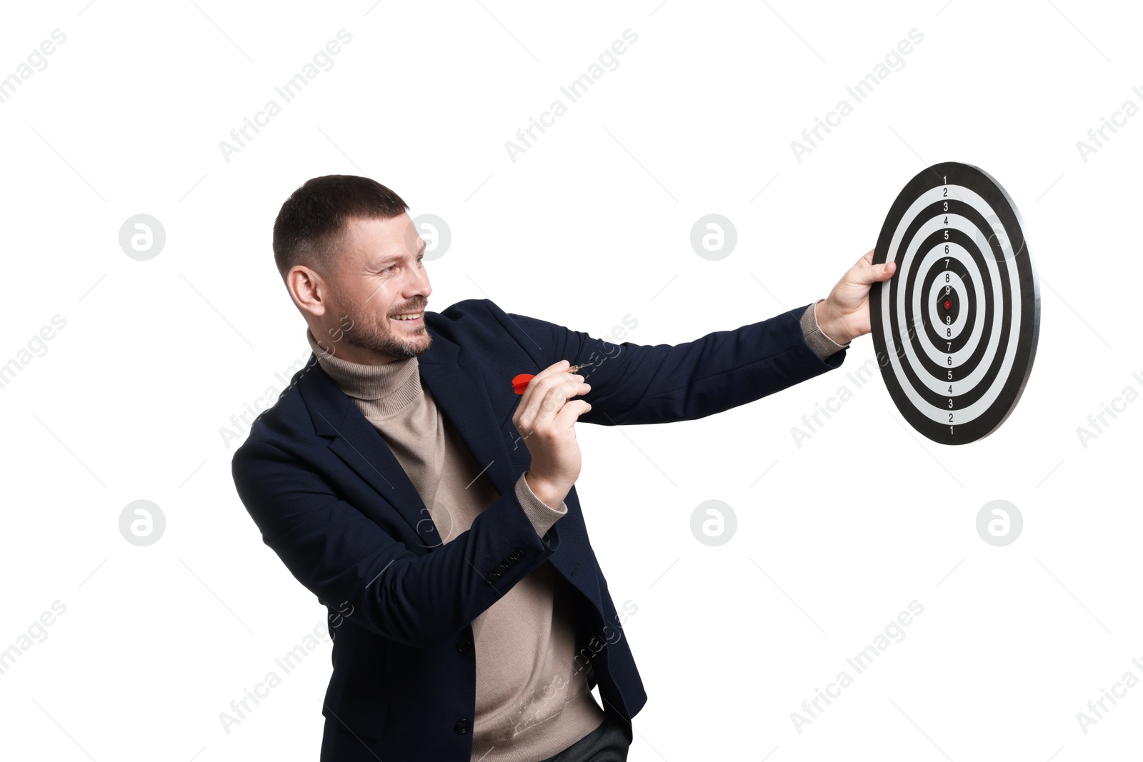 Photo of Targeting. Man with dart board and arrow on white background