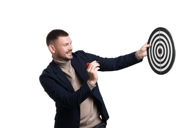 Photo of Targeting. Man with dart board and arrow on white background