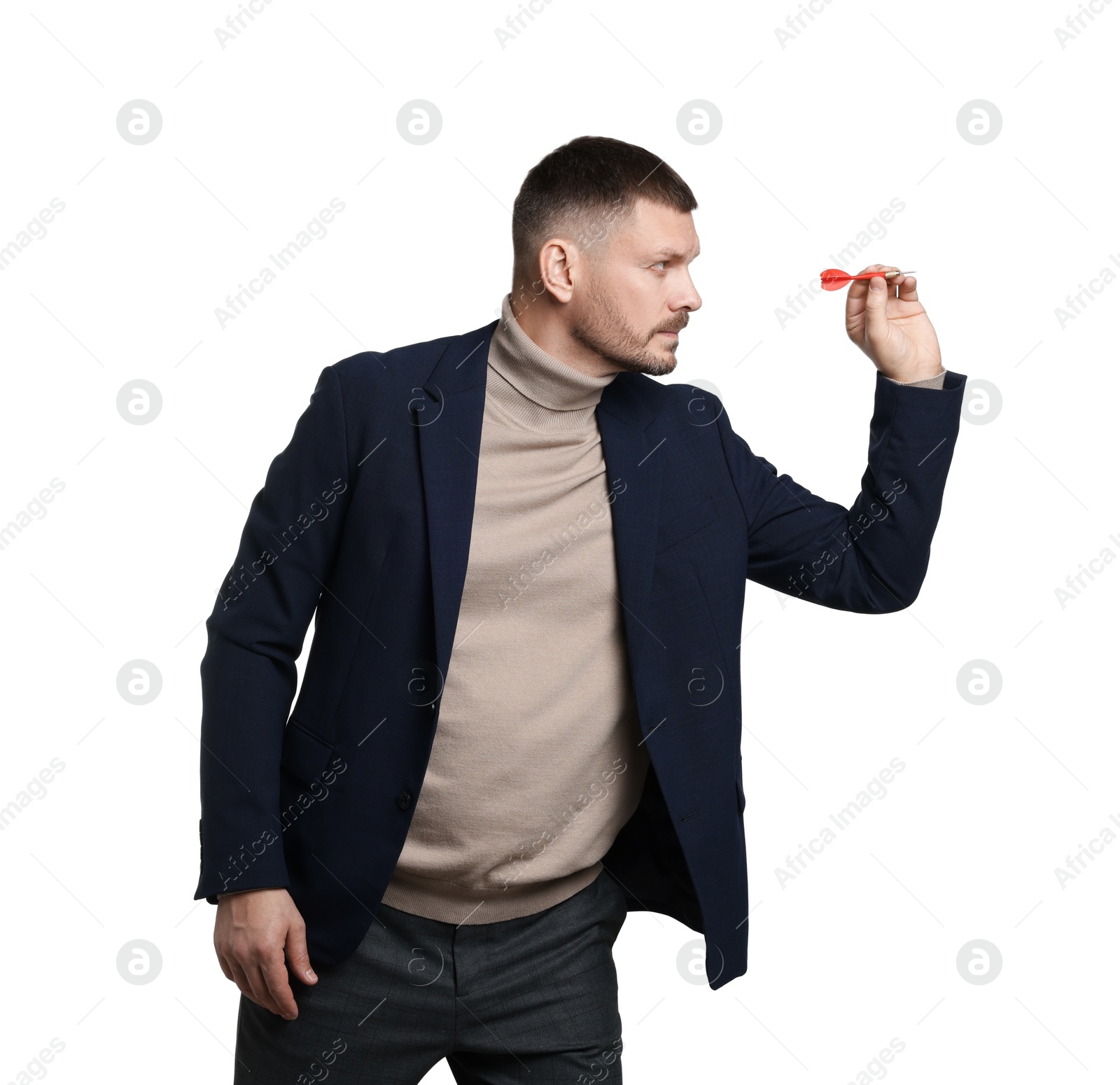 Photo of Targeting. Man with dart aiming on white background
