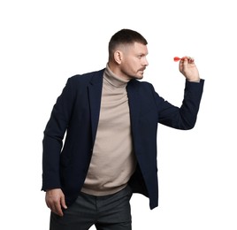 Photo of Targeting. Man with dart aiming on white background