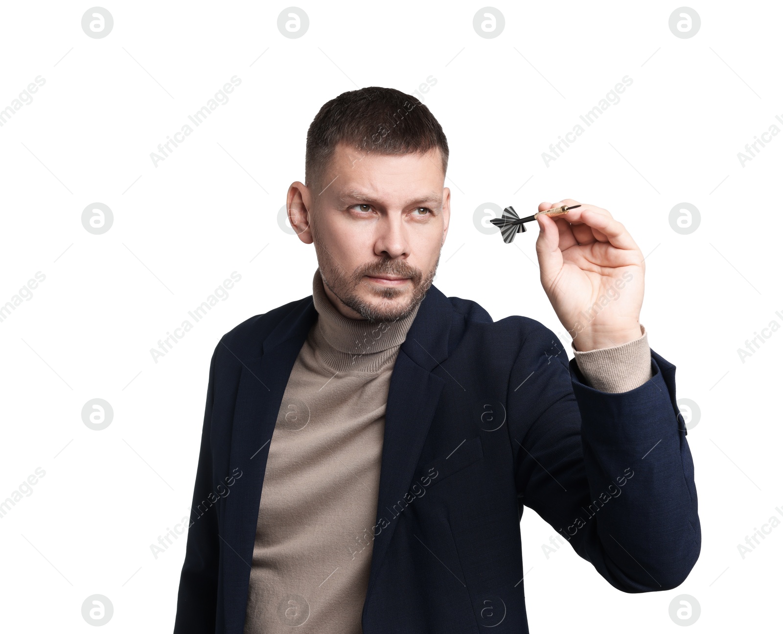Targeting. Man with dart aiming on white background Photo of Targeting. Man with dart aiming on white background