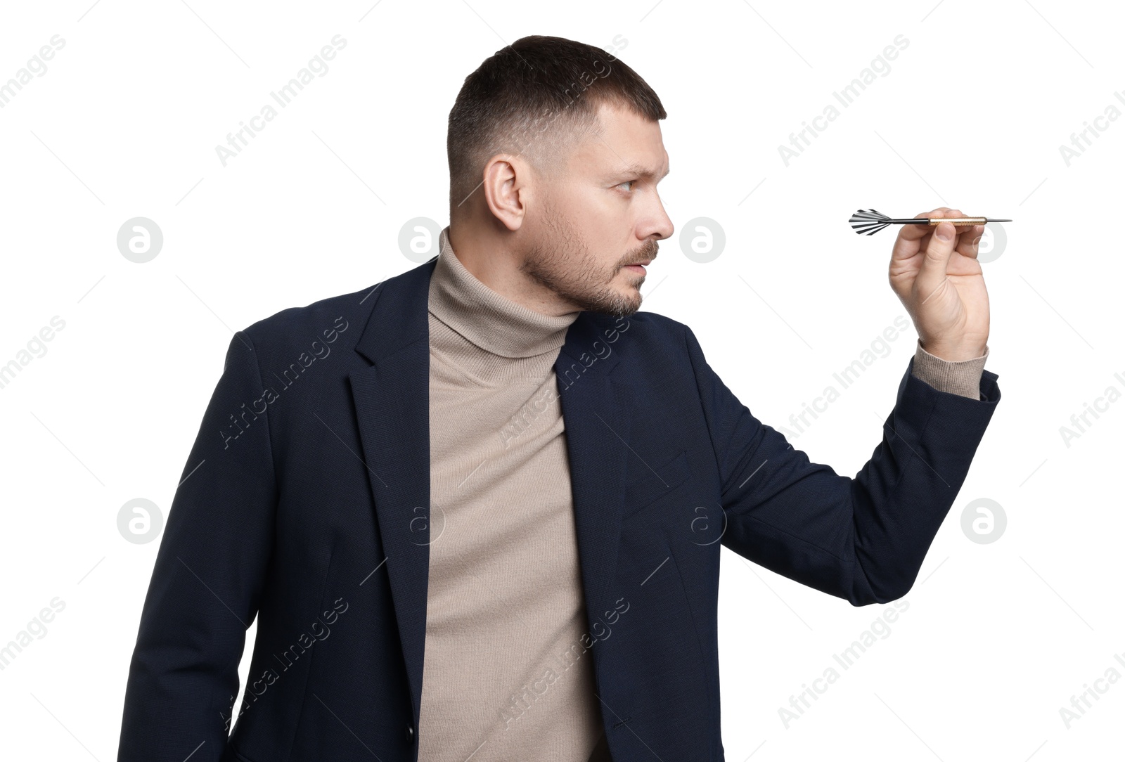 Targeting. Man with dart aiming on white background Photo of Targeting. Man with dart aiming on white background