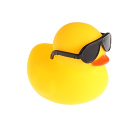 Photo of One cute rubber duck in sunglasses isolated on white
