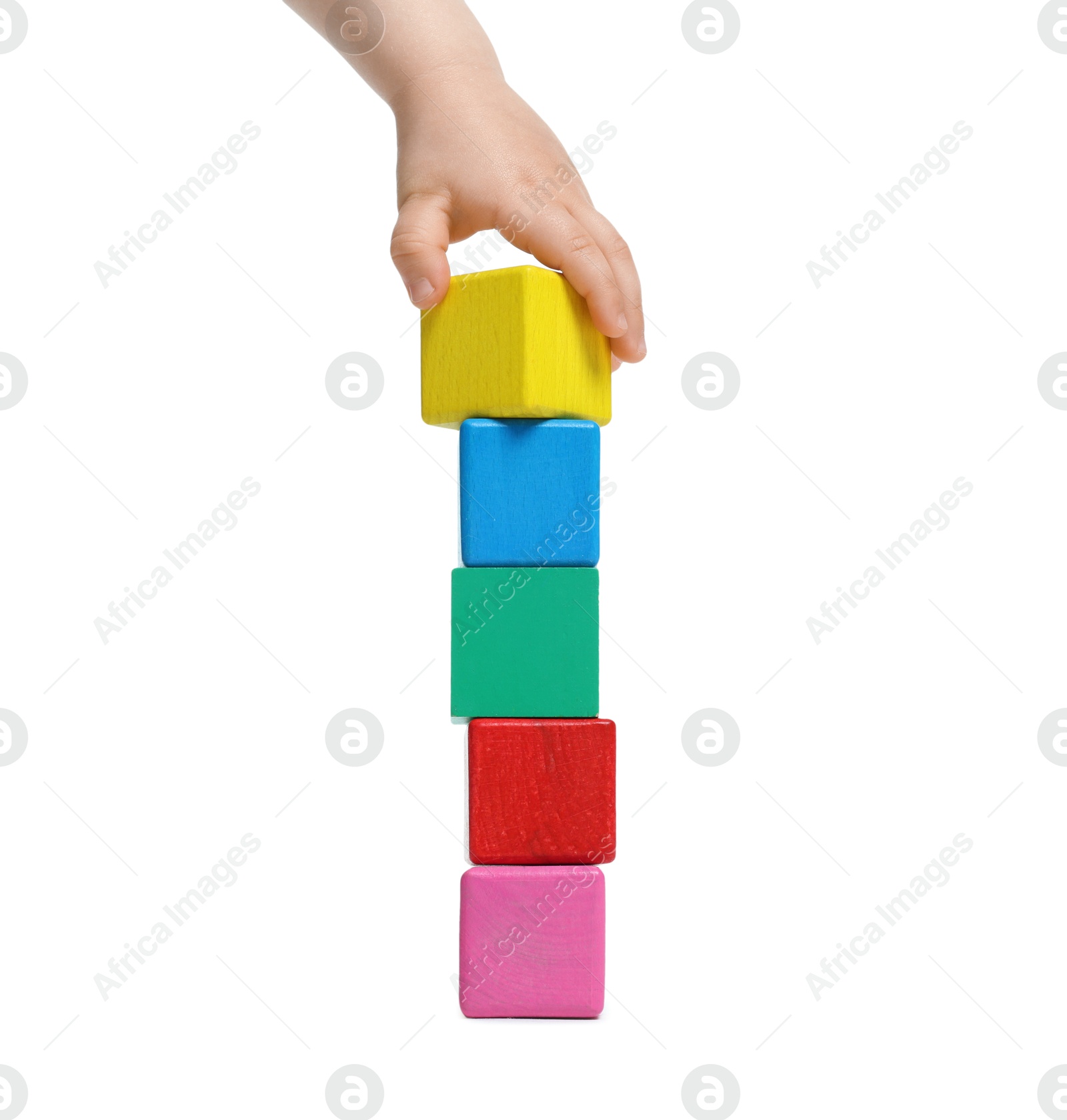 Child playing with colorful cubes on white background, closeup Photo of Child playing with colorful cubes on white background, closeup
