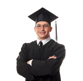 Photo of Happy student with crossed arms after graduation on white background