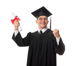 Photo of Happy student with diploma after graduation on white background