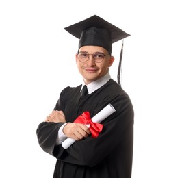 Photo of Student with diploma after graduation on white background