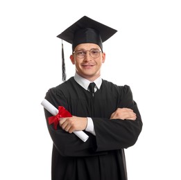 Photo of Happy student with diploma after graduation on white background