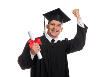 Photo of Happy student with diploma after graduation on white background